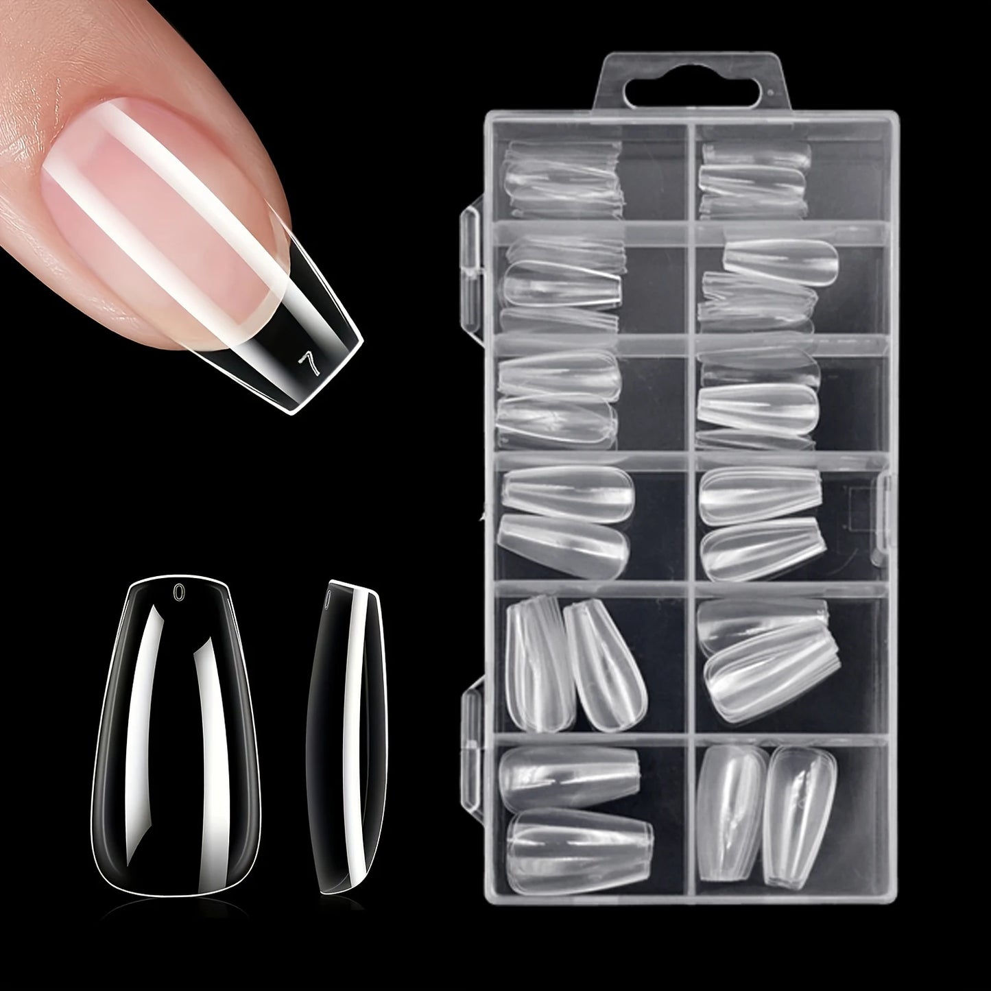 120pcs Clear Nail Tips Set Coffin Almond Slender Stiletto Oval Square & More Shapes Full Cover Acrylic Press on Nails 12 Sizes