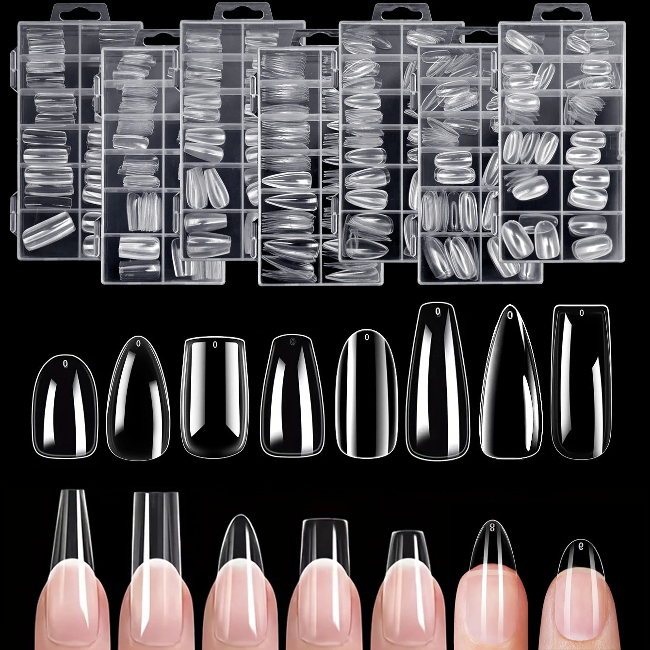 120pcs Clear Nail Tips Set Coffin Almond Slender Stiletto Oval Square & More Shapes Full Cover Acrylic Press on Nails 12 Sizes