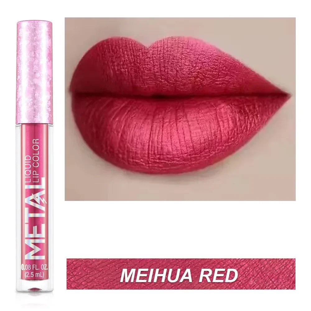 Matte Metallic Liquid Lipstick 12 Colors Waterproof Lasting Glitter Lip Gloss Shiny Shimmer Lip Tint Party Festival Lips Makeup