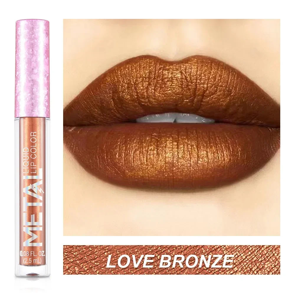 Matte Metallic Liquid Lipstick 12 Colors Waterproof Lasting Glitter Lip Gloss Shiny Shimmer Lip Tint Party Festival Lips Makeup
